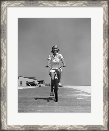 Framed 1940s Summer Time Smiling Woman Riding Bike On Beach Boardwalk Print