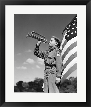 Framed 1950s Boy Scout In Uniform Standing In Front American Flag Print
