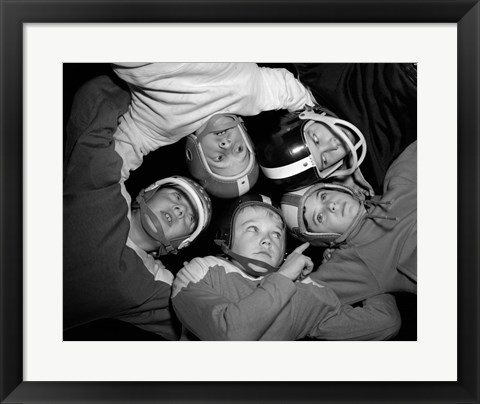 Framed 1960s Five Boys In Huddle Wearing Helmets &amp; Football Jerseys Print