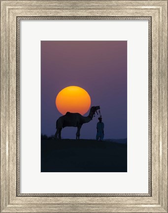 Framed Camel and Person at Sunset, Thar Desert, Rajasthan, India Print