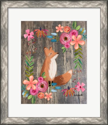 Framed Floral Fox on Wood Print