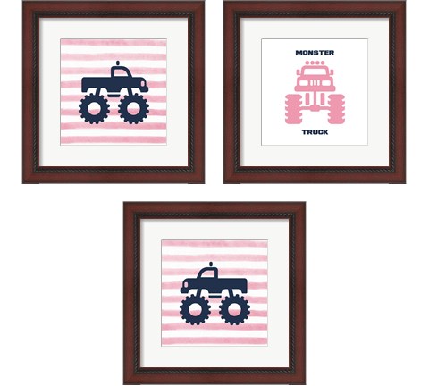 Monster Truck Graphic Pink 3 Piece Framed Art Print Set by Color Me Happy