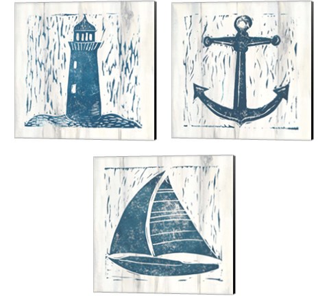 Nautical Collage On White Wood 3 Piece Canvas Print Set by Courtney Prahl