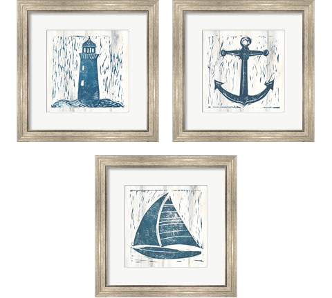 Nautical Collage On White Wood 3 Piece Framed Art Print Set by Courtney Prahl