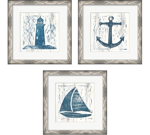 Nautical Collage On White Wood 3 Piece Framed Art Print Set by Courtney Prahl