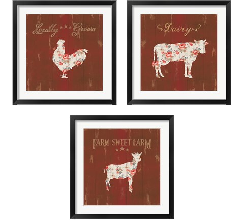 Farm Patchwork Red 3 Piece Framed Art Print Set by Danhui Nai