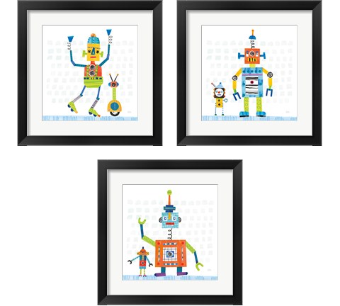 Robot Party on Square Toys 3 Piece Framed Art Print Set by Melissa Averinos