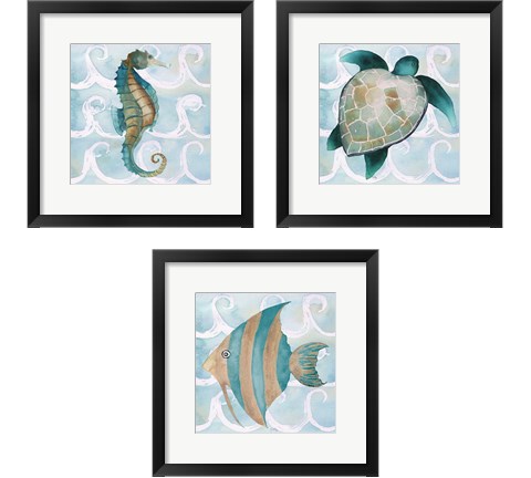 Sea Creatures on Waves  3 Piece Framed Art Print Set by Elizabeth Medley