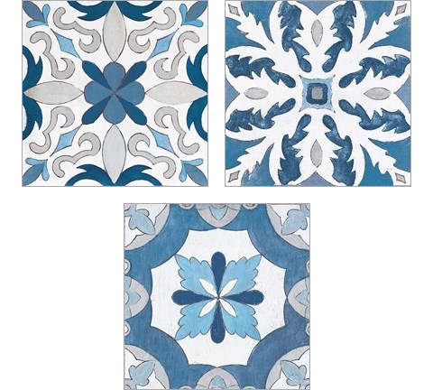 Gypsy Wall Tile Blue Gray 3 Piece Art Print Set by Silvia Vassileva