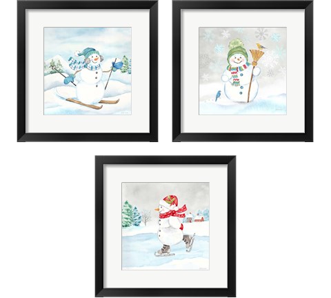 Let it Snow Blue Snowman 3 Piece Framed Art Print Set by Cynthia Coulter