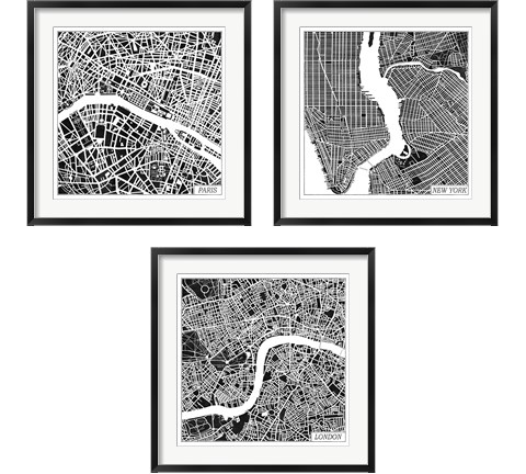 City Maps Black 3 Piece Framed Art Print Set by Laura Marshall