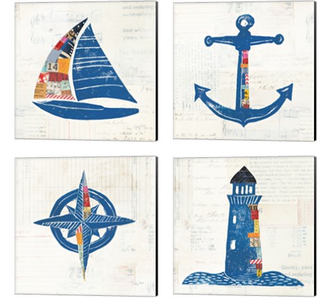 Nautical Collage on Newsprint 4 Piece Canvas Print Set by Courtney Prahl