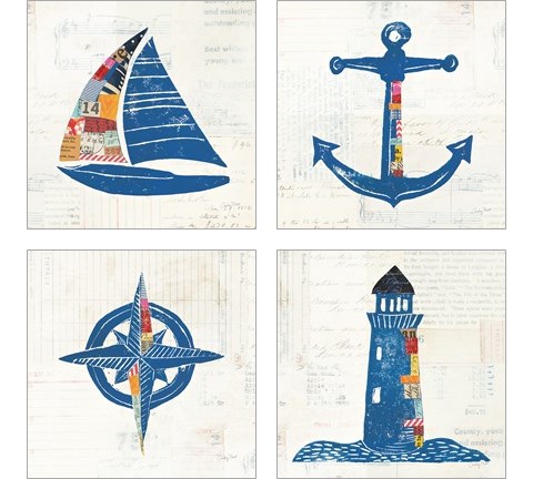 Nautical Collage on Newsprint 4 Piece Art Print Set by Courtney Prahl