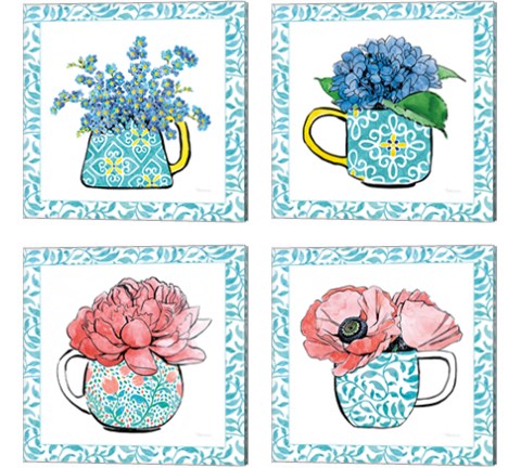 Floral Teacup Vine Border 4 Piece Canvas Print Set by Beth Grove