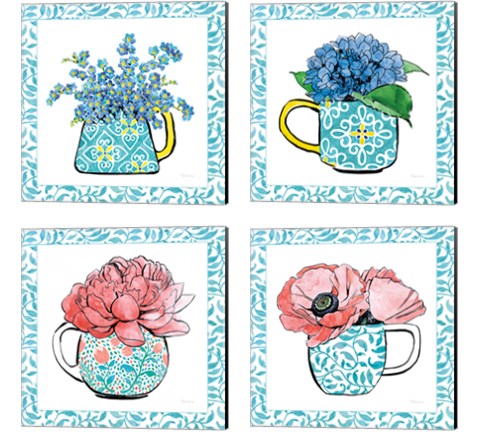 Floral Teacup Vine Border 4 Piece Canvas Print Set by Beth Grove