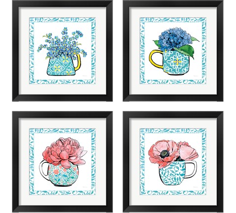 Floral Teacup Vine Border 4 Piece Framed Art Print Set by Beth Grove