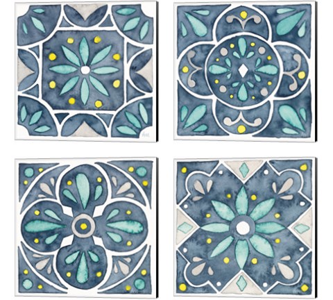 Garden Getaway Tile Blue 4 Piece Canvas Print Set by Laura Marshall