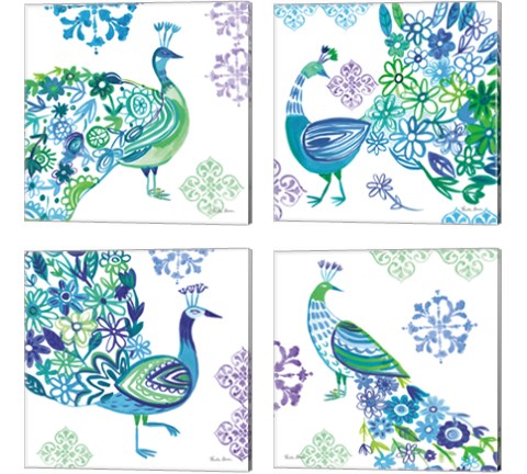 Jewel Peacocks 4 Piece Canvas Print Set by Farida Zaman