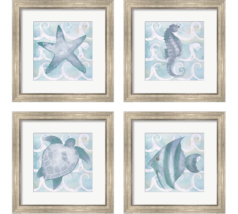 Azure Sea Creatures  4 Piece Framed Art Print Set by Elizabeth Medley