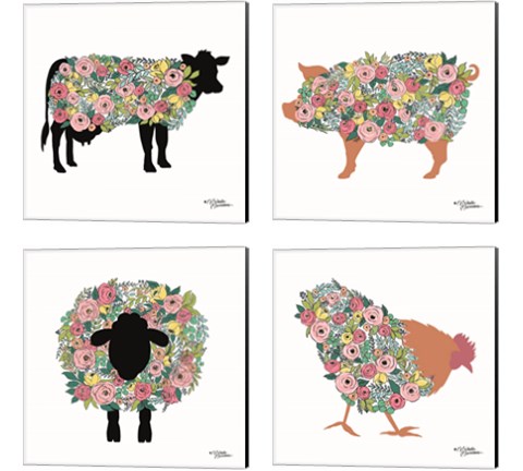 Floral Farm Animals 4 Piece Canvas Print Set by Michele Norman