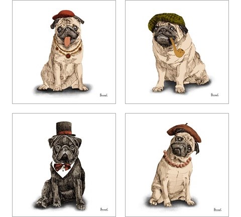Pugs in Hats 4 Piece Art Print Set by Bannarot