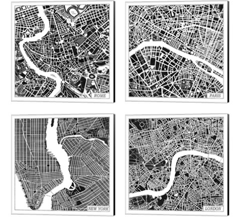City Maps Black 4 Piece Canvas Print Set by Laura Marshall