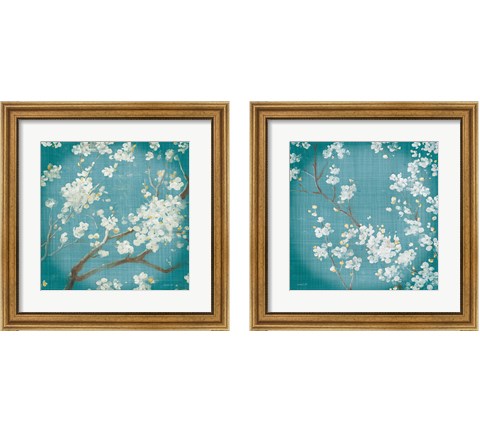 White Cherry Blossoms on Teal Aged no Bird 2 Piece Framed Art Print Set by Danhui Nai