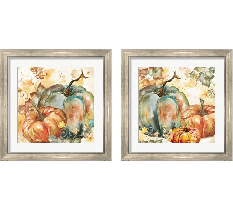 Watercolor Harvest Teal and Orange Pumpkins 2 Piece Framed Art Print Set by Tre Sorelle Studios