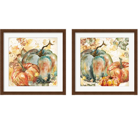 Watercolor Harvest Teal and Orange Pumpkins 2 Piece Framed Art Print Set by Tre Sorelle Studios