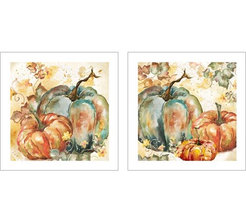 Watercolor Harvest Teal and Orange Pumpkins 2 Piece Art Print Set by Tre Sorelle Studios