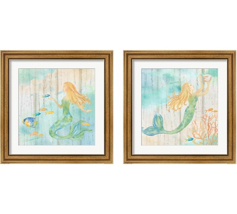 Sea Splash Mermaid Woodgrain 2 Piece Framed Art Print Set by Cynthia Coulter