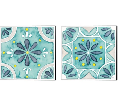 Garden Getaway Tile Teal 2 Piece Canvas Print Set by Laura Marshall
