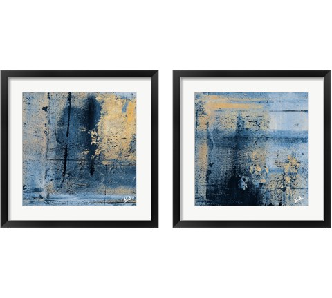 Gold on Blue Square 2 Piece Framed Art Print Set by Patricia Pinto