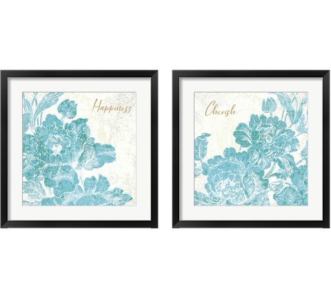 Toile Roses Teal  2 Piece Framed Art Print Set by Sue Schlabach