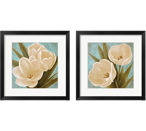 Morning Tulips on Blue 2 Piece Framed Art Print Set by Vivien Rhyan