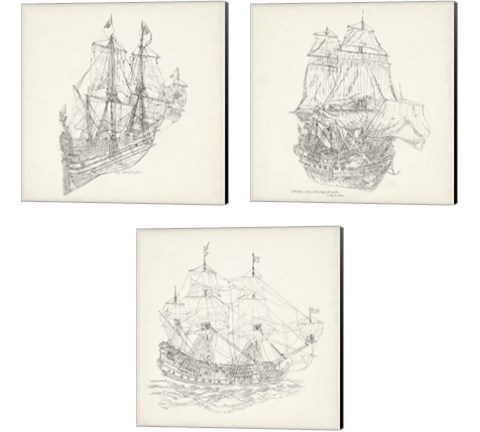 Antique Ship Sketch 3 Piece Canvas Print Set by Richard Foust