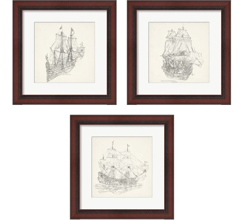Antique Ship Sketch 3 Piece Framed Art Print Set by Richard Foust