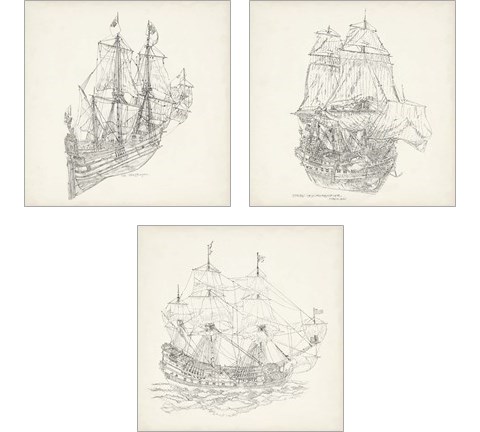 Antique Ship Sketch 3 Piece Art Print Set by Richard Foust