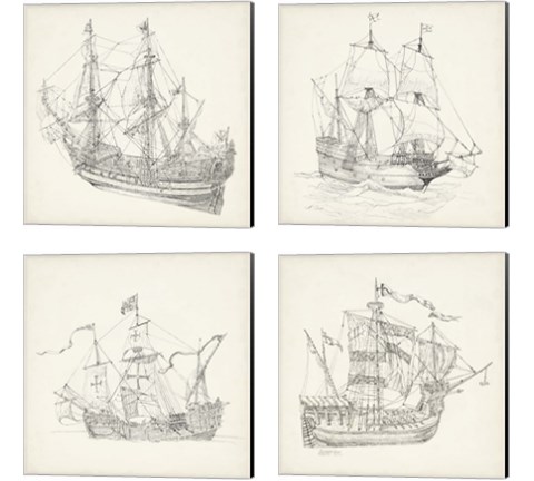 Antique Ship Sketch 4 Piece Canvas Print Set by Richard Foust