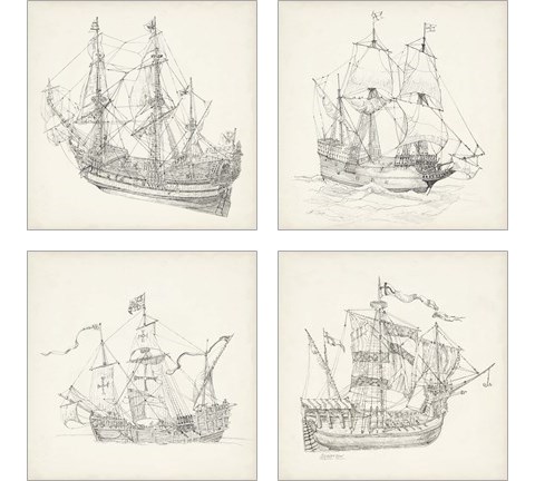 Antique Ship Sketch 4 Piece Art Print Set by Richard Foust