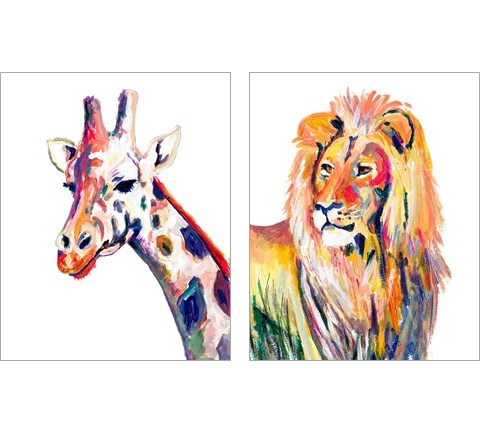Colorful Giraffe & Lion on White 2 Piece Art Print Set by Andy Beauchamp