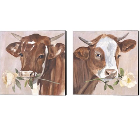 Peony Cow 2 Piece Canvas Print Set by Annie Warren