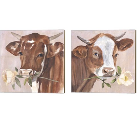 Peony Cow 2 Piece Canvas Print Set by Annie Warren