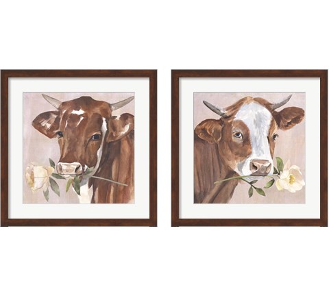 Peony Cow 2 Piece Framed Art Print Set by Annie Warren