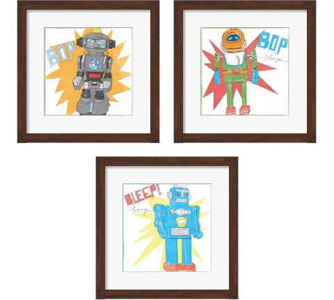 Toy Tin Robots 3 Piece Framed Art Print Set by Jennifer Parker