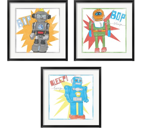 Toy Tin Robots 3 Piece Framed Art Print Set by Jennifer Parker