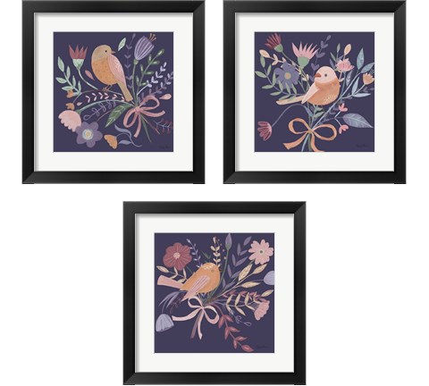 Royal Birds Purple 3 Piece Framed Art Print Set by Farida Zaman