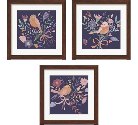 Royal Birds Purple 3 Piece Framed Art Print Set by Farida Zaman