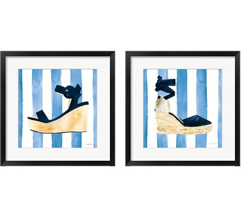 Beach Glam Navy on Stripes 2 Piece Framed Art Print Set by Mercedes Lopez Charro
