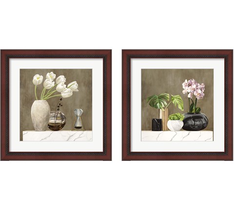 Floral Setting on White Marble 2 Piece Framed Art Print Set by Jenny Thomlinson